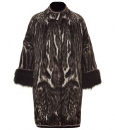 Emulate the luxurious side of the 1960s in this unbelievable animal print jacquard coat from Roberto Cavalli - Stand collar, flared sleeves with large fur cuffs, concealed button placket, straight cocoon silhouette, all-over animal print - Style with a cocktail-ready frock, metallic heels, and an embellished clutch