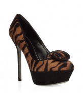 Fierce natural tiger print platform pumps - Make a statement in these super sexy fur shoes - 13 cm heel and 3 cm platform front and stylish rose-like front detail - Style with a body-con mini-dress, opaque tights, and a leather bomber jacket for evening - Wear with skinny jeans, a sheer blouse, and a military-inspired coat