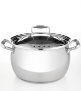 Simple, one-step straining. This pot's beautiful bell-shaped body, made of durable stainless steel, enhances heat and moisture circulation for extraordinary results. When ready to serve, simply tip and drain through the handy holes built into the locking lid. Limited lifetime warranty.