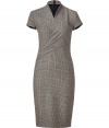 The ultimate work dress tailored to perfection: Ralph Lauren Collections glen plaid wool sheath is an exquisitely sophisticated finish to smart business looks - V-neckline with high back collar, cap sleeves, pleated waist drape at one side, hidden back zip - Tailored fit - Team with flawless pumps and a streamlined carryall tote