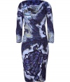 Take an iconic stance on sophistication this season in Emilio Puccis tonal blue graphic print cowl neck dress - Draped cowl-neckline, 3/4 sleeves, gathered draped bodice, wrapped skirt, pull-over style - Form-fitting - Pair with a snakeskin clutch and pointy-toe pumps