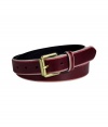 Stylish belt in supple, scream-tipped bordeaux leather - Gold-tone, single prong rectangular buckle - Classic, medium-width style - Elegant and on-trend, adds polish to any number of looks - Pair with jeans, chinos or dressier shorts