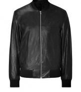 Bring high style to your day or night look with this short leather jacket from PS Paul Smith - Ribbed stand collar, front zip closure, slim fit, ribbed hem and cuffs - Wear with straight leg jeans, a tee, and trainers