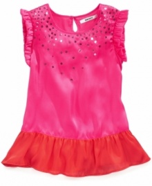 Add a dash of electric pink and lipstick red to her everyday wardrobe with this feminine DKNY top.