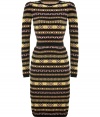 Eye-catching and exquisite, Valentinos black and yellow graphic-knit dress counts as a fashion-forward favorite, tailored to endless pairing possibilities - Rounded neckline, long sleeves, black trim, form-fitting - Pair with peep-toe pumps or flawless ankle boots