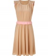 Feminine tan silk dress from Moschino Cheap & Chic - Get the party-perfect look in this chic frock -Rounded neck, short flutter sleeve, contrasting pink waistband, full skirt with loose pleating - Wear with nude fishnets, a slim-fitting trench, and ankle strap heels