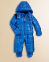 Quilted puffer design makes this snowsuit perfect for everything from snowball fights to beginner ski lessons. Stand collar with double snap closure and zip-out hood Front zip closure Dual zip pockets Removable mittens and footies attached with snap closures Pants have changeable suspender straps with snap closures Pants have an elastic waist Polyester Nylon lining Machine wash Imported