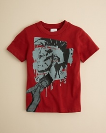 Graffiti-inspired graphic tee, with the artist's hand painting a Native American icon on the chest.