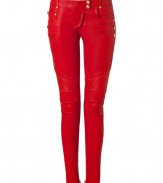 Rock n roll style goes ultra-luxe with these of-the-moment skinny leather pants from Balmain - Snap tab closure, belt loops, quilted panels at top, sides, knees, and back pockets, multiple side zip pockets, zips at hem, skinny fit, biker-style - Wear with an oversized top, a cropped blazer, and platform heels