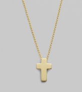 From the Tiny Treasures Collection. An artfully simple cross of polished 18k gold has a modern feel and a quiet elegance. 18k yellow gold Chain length, about 18 Charm length, about ½ Lobster clasp Made in Italy