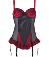 Get the sultry glamorous look of a vintage 1950s pin up girl in Von Follies by Dita Von Teeses black and luxury red spotted stretch mesh ruffled fitted chemise - Underwire style, lightly padded structured cups, slinky red lightweight satin detailing over sheer black hail spot stretch mesh, scalloped trim on cups, wide adjustable straps, adjustable back hook-and-eye closures - Sheer mesh body, sheer black hail spot mesh over luxury red satin ruffled trim around hemline, stitched satin and lace garter straps with clips - Wear with silk stockings for a seriously seductive look