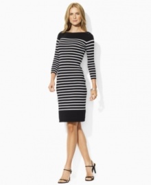 Infused with nautical inspiration, this petite boatneck dress from Lauren by Ralph Lauren is finished with horizontal stripes, three-quarter length sleeves and a chic laced detail at the shoulders. (Clearance)