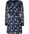 Long-sleeved dress in fine viscose and silk - Lined, modern vintage look with sheer navy cut-out pattern and floral print - Shallow, scooped neckline - Feminine silhouette with belted waist and knee length hem- Style with nude fishnet stockings and Mary Jane heels