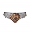 Get the sultry glamorous look of a vintage 1950s pin up girl in Von Follies by Dita Von Teeses wild animal print satin and lace thong - Slinky lightweight wild animal print satin front panel, sheer scalloped lace around sides and back - G-string thong - Wear with the matching bra for a seriously seductive look