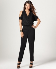 Cutout shoulders add eye-catching appeal to this DKNYC jumpsuit -- an on-trend alternative to a dress!