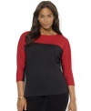 A modern color-blocked design enlivens Lauren Ralph Lauren's plus size dolman-sleeved top, knit in soft cotton for comfortable yet chic style.