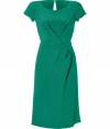 Luxe dress in fine, pure emerald green silk - Incredibly soft, lightweight fabric hangs beautifully - Fitted bodice with round neck and cap sleeves - Decorative gathering at bust and flattering drape at waist - Key hole detail and elegant, eye-catching ruffle embellishment at back - Slim, straight skirt hits at knee - Zips at side - Chic and vibrant, ideal for parties, cocktails and evenings out - Pair with sandals or heels and a statement clutch