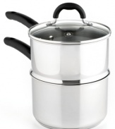 Take the professional approach. Simplify your space with stainless steel, the chef's best for an attractive, durable and easy-to-clean kitchen addition. This double boiler features an impact-bonded base for quick and even heating, comfort handles that are oven-safe to 350ºF and a vented glass lid for easy monitoring. Limited lifetime warranty.