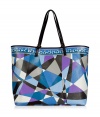 Get up and go glamorously with Puccis elegant, eye-catching shoulder bag - Open top shopper style, in a vibrant violet, blue and black graphic print - Crafted in a durable plastic with two black calfskin top handles - Fully lined in a rich fuchsia, with a detachable interior zip pocket for valuables - Easy and undeniably chic, great for everyday