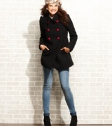 Show off your cold weather style in Tommy Girl's flirty pea coat. Contrasting buttons and puffed shoulders give it plenty of feminine flair.