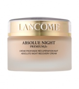 Repair – Intense Moisture – ClarityAge and hormonal changes are known to weaken skin at the structural level, leaving it dry, less elastic and dull.  Even a full night's sleep does not provide optimal recovery.With Absolue Night Premium ßx, Lancôme revolutionizes nighttime replenishment by combining three advanced discoveries in one rich and soothing cream: Pro-Xylane(tm), a patented scientific breakthrough: an exceptional and precise molecule, restores essential moisture deep in the structure of skin's surface.  So skin regains youthful substance, firmness, and radiance – as if signs of aging are visibly repaired. N-Stimuline(tm) helps reinforce the natural recovery process so skin wakes up looking well-rested, more luminous.The intensely replenishing ßio-Network(tm) – wild yam, soy, sea algae and barley – helps enhance performance for visible rejuvenation. The transformation: Immediately, skin is intensely moisturized. By morning, skin feels more comfortable, signs of fatigue are visibly repaired. Within weeks, see a clearer complexion, feel smoother, even-textured skin.NON-COMEDOGENIC.NON-ACNEGENIC.DERMATOLOGIST-TESTED FOR SAFETY