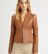 Supple leather, tailored in a sleek, refined silhouette.V necklineFront hook-and-eye closuresFlared peplumPanel constructionFully linedAbout 21 from shoulder to hemLeatherDry cleanImported of French fabricModel shown is 5'10 (177cm) wearing US size 4. 