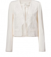 This elegant jacket is the perfect finishing touch for a professional or polished look - Short waisted with long sleeves and clean lines - Button-less - Embroidered white-on-ivory detail - Two small pockets at front - Try over a summer dress on a cool evening or in place of a traditional blazer at the office