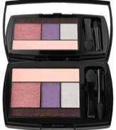 Infinitely luminous.  Sensationally smooth.  All-in-one 5 shadow palette to brighten eyes. Inspired by Tresor Midnight Rose and the majestic hue of purple, Midnight Roses- Lancôme's Fall 2012 Color Collection- evokes mischievous femininity and glamour. Lancôme's versatile, all-in-one palette conveniently creates a full eye look for day or night. Build with absolute precision and apply the shades in 5 simple steps (all over, lid, crease, highlighter and liner) to design your customized eye look. Contour, sculpt and lift in soft day colors or intensify with dramatic evening hues for smoldering smoky effects.