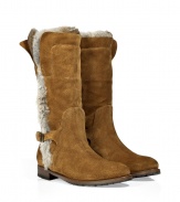 Stylish and warm, these ultra-luxe boots from Ermanno Scervino feature supple suede with a lavish fur lining - Rounded toe, chunky heel, mid-shaft length, buckle detail at ankle, fur trim and lining, pull-on style - Wear with skinny jeans, an oversized cashmere pullover, and a modernized parka