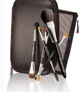 Brush up on beauty this holiday season with this must-have Deluxe Travel Brush Collection for flawless makeup application. Perfect for the on-the-go woman, this sleek brush case features a hard shell design with 2 pockets and a removable mesh pouch that houses a combination of 9 professional brushes for face, cheeks, eyes and brows. Set includes: Secret Camouflage powder; All Over Eye Colour/pony tail; Flat Eye Liner/smudge; Brow Definer/brow grooming and a full-size Cheek Colour brush.