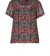 A stylish alternative to the classic tee, a geometric tribal print covers this ultra-cool silk top from Marc by Marc Jacobs - Round neckline, short sleeves, A-line silhouette, allover geometric print, semi-sheer - Loose fit - Pair with skinny jeans, a leather biker jacket, and high heel booties