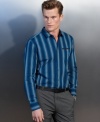 Send the right kind of mixed messages in this striped and plaid dual-patterned shirt from INC International Concepts.