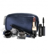 Designed to take you effortlessly from work to play, this limited edition set features Bobbi's award-winning long-wearing eye makeup formulas and perfect nude lipstick. Everything you need to get budge-proof, standout eyes, with two shades of Long-Wear Cream Shadow, a Long-Wear Eye Pencil and a mini Intensifying Long-Wear Mascara for a lush-lash finish. Complete the look with Bobbi's rich lip color in Brownie Pink. It's makeup, simplified and oh-so-chic in a metallic zip pouch. Made in Canada.