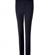 Elegant classic pant in fine, pure dark navy wool - Modern, slim straight cut - Flattering crease detail elongates the silhouette - Tab waist with belt loops and button closure - Pockets at sides and single welt pocket at rear - Comfortable yet polished, an easy, everyday go-to - Pair with button downs, pullovers or a suit jacket