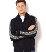 A classic fair isle pattern adds character to this zip front sweater from Nautica.