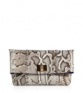 Laced seams and luxe python make this Emilio Pucci clutch a sure-fire statement-maker - Fold-over style, front flap with logo turn-lock closure, inside zippered back wall pocket - Pair with leather leggings, an oversized blouse, and platforms