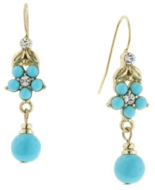 Summer's favorite hue. Bright turquoise beading and subtly sparkling glass accents adorn 2028's intricate flower drop earrings. Set in gold tone mixed metal. Approximate drop: 1-1/4 inches.