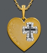 Show a whole new appreciate for your faith. Mi Joya Divina's heart-shaped pendant stuns with a round-cut diamond (1/10 ct. t.w.) cut-out cross accent. Set in 14k gold. Approximate length: 18 inches. Approximate drop length: 1 inch. Approximate drop width: 3/4 inch.