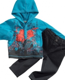 Music master. He'll look like he's already got rhythm in this graphic hoodie and jeans set from DKNY.