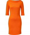 Detailed in a radiant shade of orange cashmere-silk, Ralph Lauren Blacks luxe knit dress is as uplifting as it is chic - Rolled boat neckline, elbow-length sleeves, pull-over style - Form-fitting - Wear with heels and statement gold jewelry