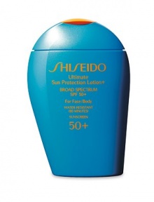 Highly nourishing, water-resistant sunscreen lotion for the face and body with UVA/UVB broad spectrum protection that defends against powerful rays that cause sunburn, cell damage and premature signs of aging. Smooths on evenly with no sticky or filmy feeling. Invisible on skin even after repeated applications. Made in Japan. 3.4 oz. 