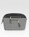 Graphic houndstooth fabric with leather trim and goldtone hardware.Top zip closureProtective metal feetTwo outside zip pocketsTwo inside open pocketsCotton lining14½W X 10½H X 3¼DMade in Italy