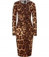 Luxe dress in fine, printed rayon stretch blend - Elegant, on-trend leopard motif in rich shades of brown and gold - Sleek, long sleeve bodice with round neck - Gorgeous draped knot cinches the waist Fitted, feminine silhouette flatters and accentuates every curve - Pencil skirt hits at knee - Zips at back - Sexy and sophisticated, perfect for parties and evenings out - Pair with a clutch and peep toe pumps or dressy sandals