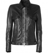 Stylish black leather biker jacket in punk 60s style with decorative safety pin trim - extremely soft, luxurious material from the French Haut Couturier Balmain - bomber jacket style - short collar - zippered sleeves - slim, form-fitting - in, in, in glamour bomb - wow with grey slim jeans, black cigarette pants or ripped jeans