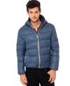 Remain warm in this edgy style hooded puffer jacket by Buffalo David Bitton with contrast visible zip.