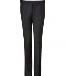 With a modern edge, these luxe tuxedo-style pants inject instant elegance into your evening look - Slim-cut pants, button-detailed waistband, satin tuxedo stripe down leg, back welt pockets with button, back and front crease details - Pair with a sleek button down, matching blazer, and dress shoes