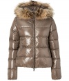 Sporty goes chic with this luxe fur-trimmed lightweight down jacket from Duvetica - Fur-trimmed hood, long sleeves dual-zipper front closure, zip pockets, quilted, slim fit - Wear with an oversized pullover leather leggings or skinny jeans, and ankle booties