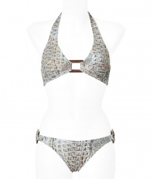 Stylish bikini made ​.​.of fine, gray synthetic stretch fiber - Sexy, glamorous and sophisticated with classy crocodile print - Fashionable triangle-shape top features wide straps that tie at neck and back - Elegant bra and classic brief with decorative jewelry clasps - Essential piece for holiday wardrobe - Wear alone or under a caftan, with platform sandals