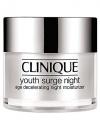 Youth Surge Night Age Decelerating Night Moisturizer. Building on Sirtuin technology, Clinique science uses youth-extending agents to create a nightly moisturizer that helps intensify the nightly cycle of natural repair. Plumped with natural collagen, lines and wrinkles appear to evaporate. Skin gains that energized 8-hour effect come morning.For Very Dry to Dry Skins 1.7 oz. 