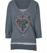 Inject folkloric flair into your casual favorites with Twenty8twelves embroidered heart sweatshirt - V-neckline, 3/4 sleeves, embroidered logo at nape, fine ribbed trim, side slits, longer back - Easy straight fit - Wear with tissue soft tees and favorite bright skinnies